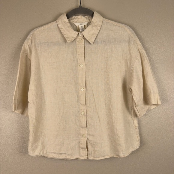 H&M Tops - HM Oversized Linen Shirt Womens XS Beige Short Sleeve Button Front Coastal